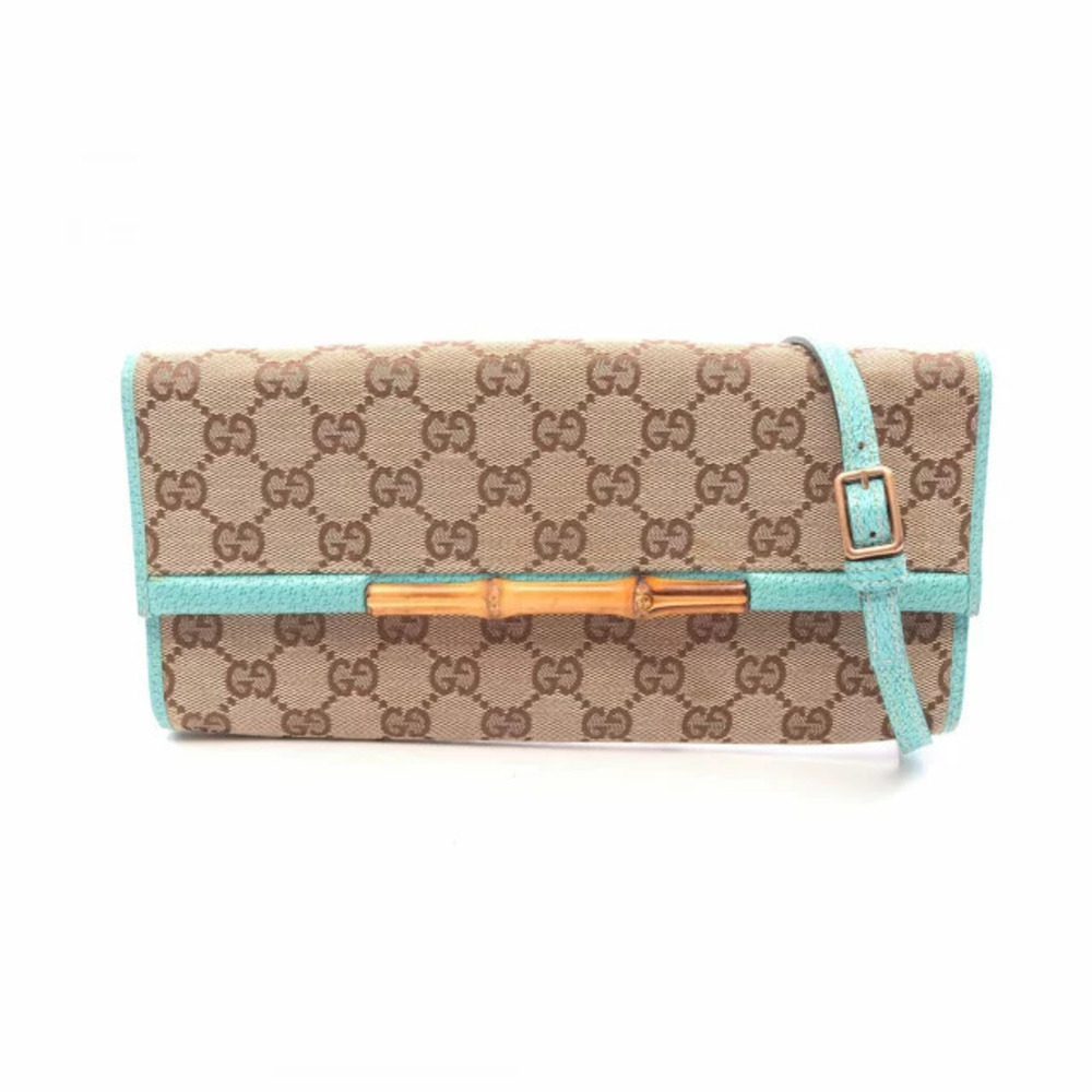 Gucci Bamboo Shoulder Bag Canvas Leather Beige Cream Blue Brown